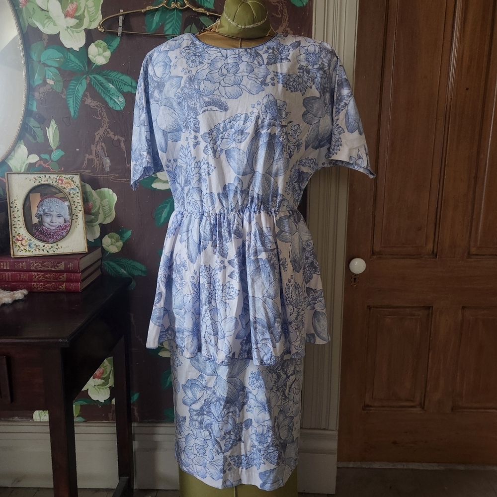 Vintage 90s Sabrino Dress Blue White Floral Peplum Waist Midi Cottagecore USA